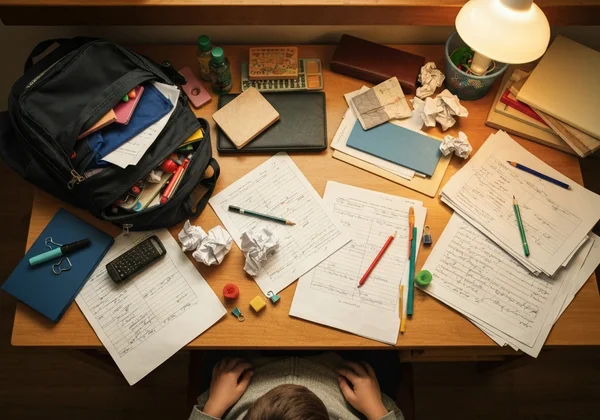 Child's messy desk with school supplies.