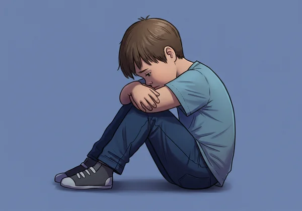 슬프고 위축되어 보이는 아이, 내면의 어려움을 나타냅니다.