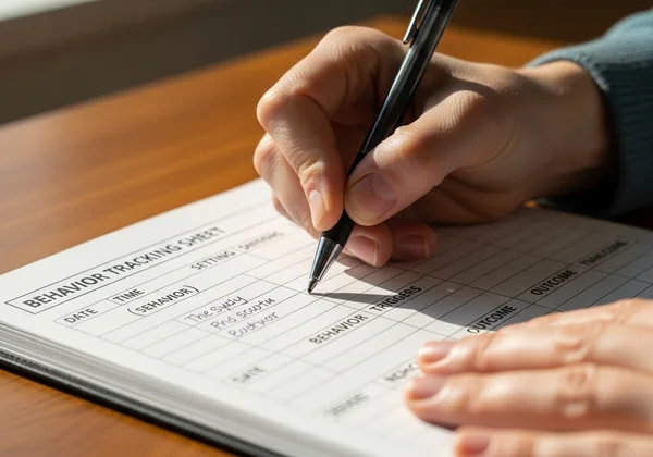 Hand writing observations on a child behavior tracking log