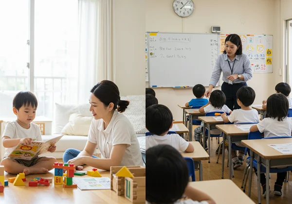 Split image showing home and school perspectives