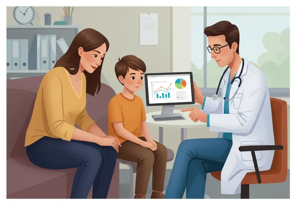 Child, parent, and doctor reviewing assessment results