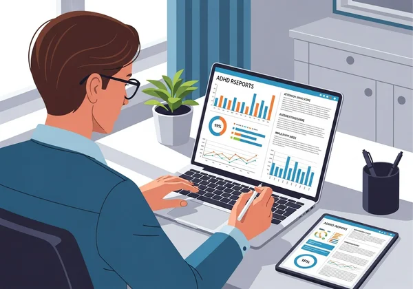 Clinician reviewing ADHD assessment reports and data