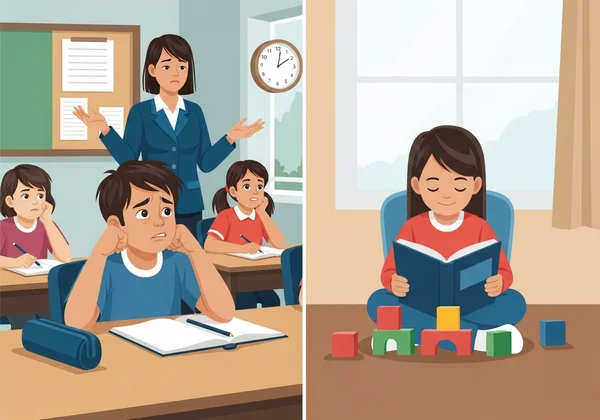 Child showing different ADHD behaviors at home and school